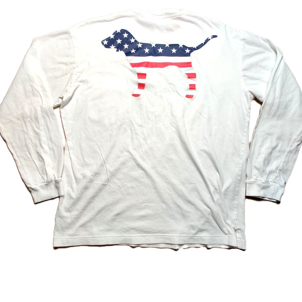 Victoria’s Secret PINK Long Sleeve Tee Womens L White USA Flag Dog Graphic